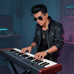 a cyberpunk digital painting of El Chavo del Ocho Chaves wearing sunglasses and playing a synthesizer, shadowrun, moog