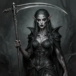 realistic portrait of undead female elf lich, grey rotting skin, scythe, sickle, ugly, scars, black ooze, ichor, evil, dungeons and dragons, by Elodie Mondoloni, detailed intricate ink illustration, dark atmosphere, detailed illustration, hd, 4k, digital art, overdetailed art, concept art, by greg rutkowski, by loish, complementing colors, Trending on artstation, deviantart
