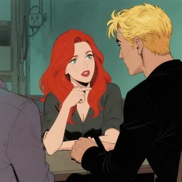 a woman with red hair talking to a man with blonde hair, art by david aja and greg rutkowski
