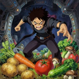 angry violent and armed, threatening, dangerous, attacking, murderous killer * * * vegetables ( potato, carrot, tomato, broccoli, cucumber, mushroom 🥔, 🥒, 🍅, 🥦, 🥕 ) * * * in a * * * space station * * * | anime horror lovecraft oil painting high resolution scifi surrealistic adventure time cartoon ghibli inspired 4 k