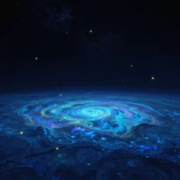 Iridescent, space, blue ocean floor, ambient, cold temperature, fireflies, everywhere at the end of time, 8K