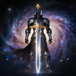 knight, great sword with ray in the middle of the galaxy