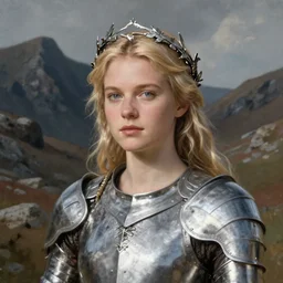 beautiful rugged saoirse ronan, blonde hair, wearing silver armour, ornate silver wreath thin delicate crown, oil painting by titian, hard focus, masterpiece