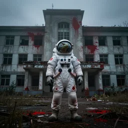 lomo photo of reptilian in spacesuit staying in front of abandoned hospital, red splatters on the walls, dark, moody, foggy, gloomy