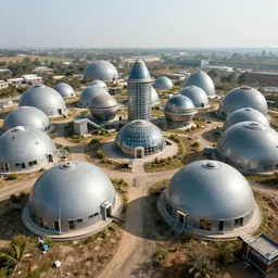 a space colony with buildings mostly being domes