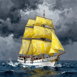 in the raging storm sea white ship bearing lemon - yellow sails, by ivan aivazovsky, trending on artstation and unreal engine
