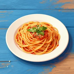 highly detailed illustration of a plate of spaghetti on top of a blue and wooden table
