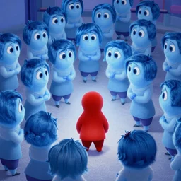 a red person inside a giant herd of blue people, pixar graphics quality