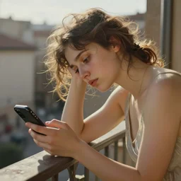 late morning on the balcony. a tired young woman with messy hairstyle is anxiously looking at her smartphone. sunlight is beautifully lighting the face. depth of field, in the sun, backlit, closeup, oil on canvas, art by botticelli 1 4 9 9, in the style of the birth of venus, smooth, renaissance, florentine painting, 8 k