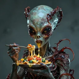 alien beauty and creepy food, cinematic photography, photo art, trend on artstation, ray tracing global illumination, intricate