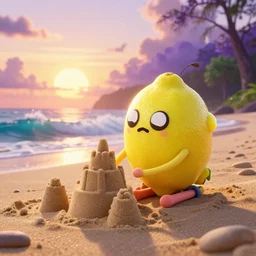 3 d octane render, of a hot anthropomorphic lemon female character inspired by dalle 2 generations, adventure time, with lemon skin texture, she is wearing a hat, building a sandcastle on the beach at sunset, beach, huge waves, sun, clouds, long violet and green trees, rim light, cinematic photography, professional, sand, sandcastle, volumetric lightening