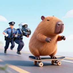 capybara on a skateboard being chased by the cops , 3d render , octance render , 4k , HD