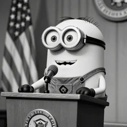 a minion from despicable me ( 2 0 1 0 ) as the president of the united states giving a political speech standing behind a lectern, black and white photography, 1 9 6 0 s, historical, high quality