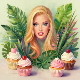 a painting of tropical plants and cupcakes by lisa frank, behance, airbrush art, digital painting