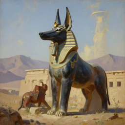 beautiful landscape oil matte painting, of ancient egyptian giant satue of anubis, art by anders zorn, wonderful masterpiece by greg rutkowski, beautiful cinematic light, american romanticism, by thomas lawrence, greg rutkowski
