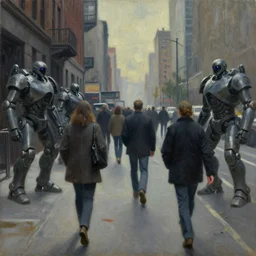 drab human pedestrians, guarded by fascist robot overlords, brutalist city street, dystopian, pj crook, edward hopper, oil on canvas