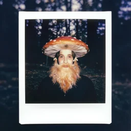 symmetrical mushroom wizard beard, in a forest in twilight, 70s, polaroid, DOF, grain, kaleidoscope