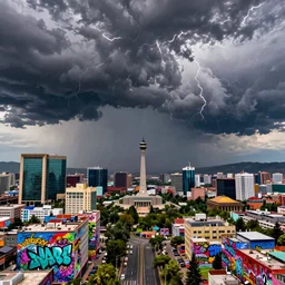 long exposure photograph of severe weather storms above an Beautiful Orwellian City, Islamabad, detailed textures, hyper realistic, vibrant colors, cinematic lighting, graffiti art style, climate change, digital art painting by greg rutkowski and RIdley Scott, cinematic, concept art, 35mm grain filter, artstation