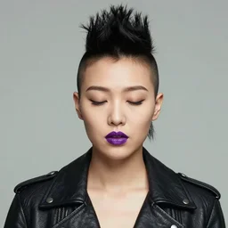 front close up portrait of a young asian woman with a mohawk haircut, wearing a leather jacket, purple lips, eyes closed, by kehinde wiley, kadir nelson
