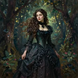 A beautiful victorian woman, gothic dress, flowing hair, magical forest, oil painting, portrait, dramatic lighting, masterpiece, painted by Caspar David Friedrich
