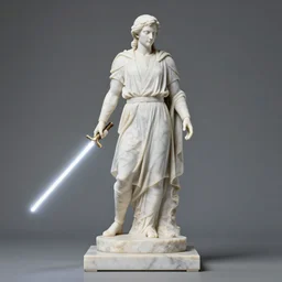 a medium long wide shot of a beautiful marble - statue of a marble jedi with lightsaber on a marble base in the accademia di belle arti, god - rays, dramatic light, global illumination, radiant light, unreal 5, daz, hyperrealistic, octane render, dynamic lighting, intricate detail, harvest fall vibrancy, cinematic