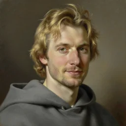 a clean shaven man aged 4 0 with tousled blonde hair and hazel eyes and a friendly expression. he is handsome and wearing a grey cloak. head and shoulders portrait painting by greg rutkowski and raymond swanland.