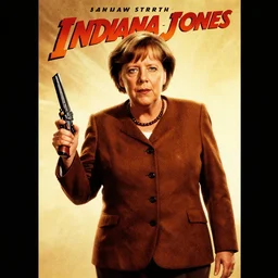 movie poster, angela merkel as indiana jones, by drew struzan