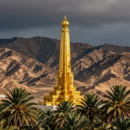 monumental golden tower in arid mountain and lush palm forest