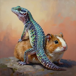 painting of hybrid gecko and hamster, intercrossed animal, by zdzislaw beksinski, by lewis jones, cold hue's, warm tone gradient background, concept art, digital painting