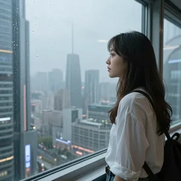 in the style of Vincent Di Fate, a young beautiful attractive girl is looking out of a window at a vast futuristic city, the city fills the background, it is raining , very highly detailed, 8k, ultra realistic, framed window