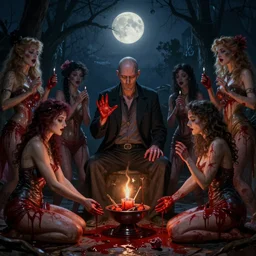midnight moonlight underground realistic matte painting of wan bald british man surrounded by blood tweakers!!! addicts!!! groupies performing ritual blood magic greg rutkowski artstation hdr vivid color ( ( ( ( ( ( ( ( alphonse mucha ) ) ) ) ) ) ) ) )