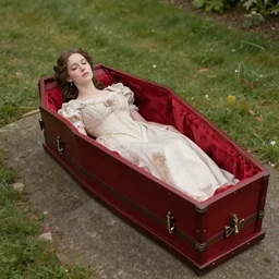 beautiful girl without dead in a red coffin, aristocrat, victorian era