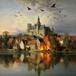 Beautiful medieval lake-side village with a flock of ravens flying above the village, reflections in the water shows an ominous burning future, detailed oil painting by Gaspar van Wittel