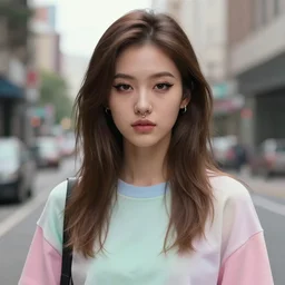 portrait of a young woman, septum piercing, winged eyeliner, pastel clothing, urban environment, depth of field, character design, concept art