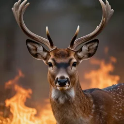 cinematic shot a deer on fire, hyper realistic, mood lighting, fantasy, detailed face, highly detailed, super realistic, perfect lighting