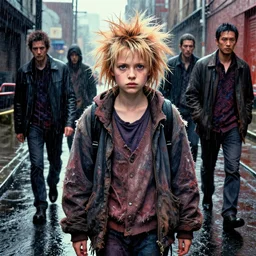 homeless girl portrait, rainy street, spiky bleached hair, torn clothing, richard avedon, martin schoeller, victor ngai, id magazine, epic scene, david cronenberg, kilian eng vibrant colours, dynamic lighting, intricate illustration, detailed, beksinski, dan mumford, artstation, greg rutkowski, sharp focus, photoreal, 8 k