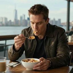 jc denton from deus ex videogame eats cereal at a table near liberty island