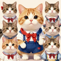 graphic, hyperreal, portraiture illustration of a anthropomorphic beautiful ragdoll cat in different japanese cartoon cosplay clothes, smiling, digital painting