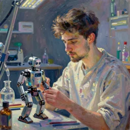 a young man with brown hair and short beard building a robot in his lab in berlin by monet