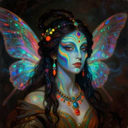 a baroque neoclassicist close - up portrait of a colorful retrofuturistic blacklight uv silhouette of a cyborg alien tribal fairy goddess with face paint and iridescent wings. glowing fog in the background. renaissance portrait painting. highly detailed science fiction painting by norman rockwell, frank frazetta, and syd mead. rich colors, high contrast, gloomy atmosphere, dark background. trending on artstation