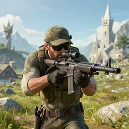realistic still of sniper from tf 2 visiting whiterun, amazing details, 8 k, 8 5 mm, f. 1 4, beautiful composition