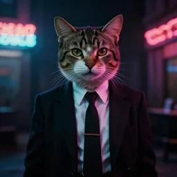 film noir film still of a genetically modified anthropomorphic cat detective. neo - noir. directed by ridley scott. neon.
