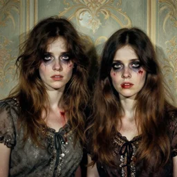 two handsome but sinister young women in layers of fear, v devonshire, with haunted eyes and wild hair, 1 9 7 0 s, seventies, wallpaper, a little blood, moonlight showing injuries, delicate embellishments, painterly, offset printing technique, by john howe, brom, robert henri, walter popp