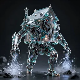 a portrait of a evil cybernetic house in glass armor releasing spell, full height, moving forward, cyberpunk concept art, trending on artstation, highly detailed, intricate, sharp focus, digital art, 8 k