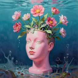 Hiroshi Nagai, award winning masterpiece with incredible details, Hiroshi Nagai, a surreal vaporwave vaporwave vaporwave vaporwave vaporwave painting by Hiroshi Nagai of an old pink mannequin head with flowers growing out, sinking underwater, highly detailed Hiroshi Nagai