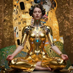 photo of a beautiful female meditating cyberpunk cyborg, is connected with glowing devices, artwork by james jean, hyperdetailed realistic gold metallic and orange porcelain, jean delville, art nouveau, gustav klimt, ornate copper patina gothic icon, james jean, ultrasharp hyperdetailed photorealistic octane render, half shot