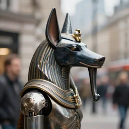 closeup profile photo of anubis - headed humanoid metal robots taking over london, nicoletta ceccoli, mark ryden, lostfish, photography 4 k, f 1. 8 anamorphic, bokeh, 4 k, canon, nikon