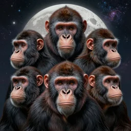 symmetry!! ultra realistic portrait of primates! moon and galaxy in background!, intricate, elegant, highly detailed, digital painting, artstation, concept art, smooth, sharp focus, illustration, art by artgerm and ross tran and greg rutkowski and alphonse mucha, 8 k