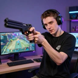 pewdiepie doing a gaming video with a gun