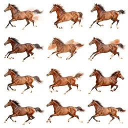 progressive motion sprite sheet, horse running, frames of galloping in sequence